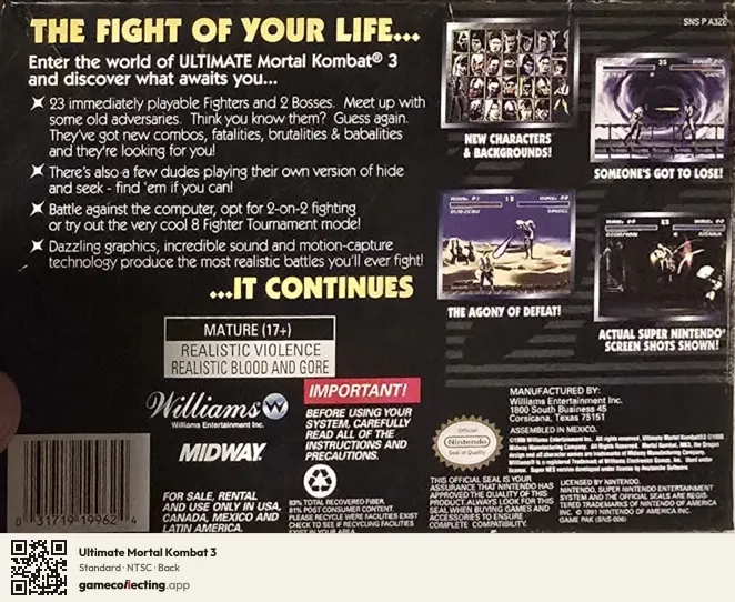 Ultimate Mortal Kombat 3 Super Nintendo Entertainment System, NTSC box back
