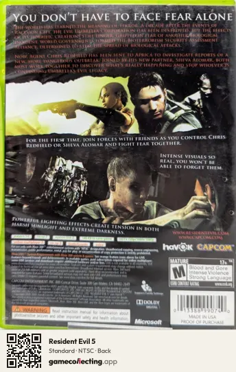 Resident Evil 5 Xbox 360, NTSC box back