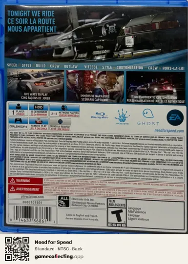 Need for Speed PlayStation 4, NTSC box back