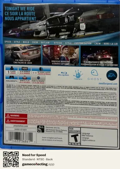 Need for Speed PlayStation 4, NTSC box back