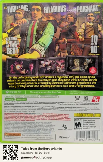 Tales from the Borderlands Xbox 360, NTSC box back