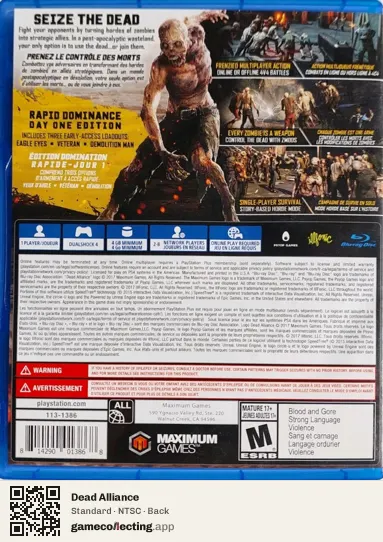 Dead Alliance PlayStation 4, NTSC box back