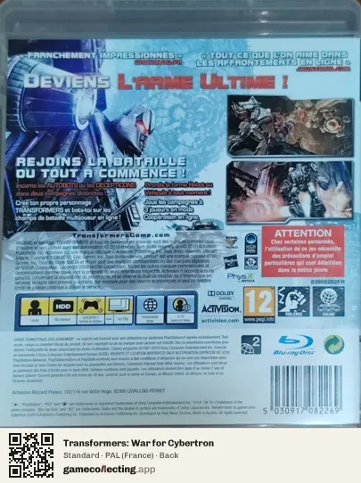 Transformers: War for Cybertron PlayStation 3, France box back