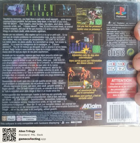 Alien Trilogy PlayStation, PAL box back