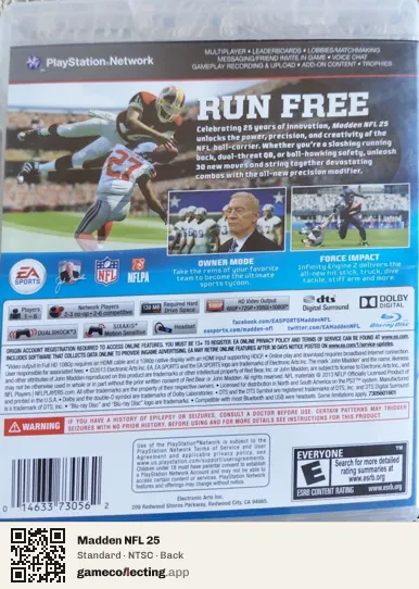 Madden NFL 25 PlayStation 3, NTSC box back