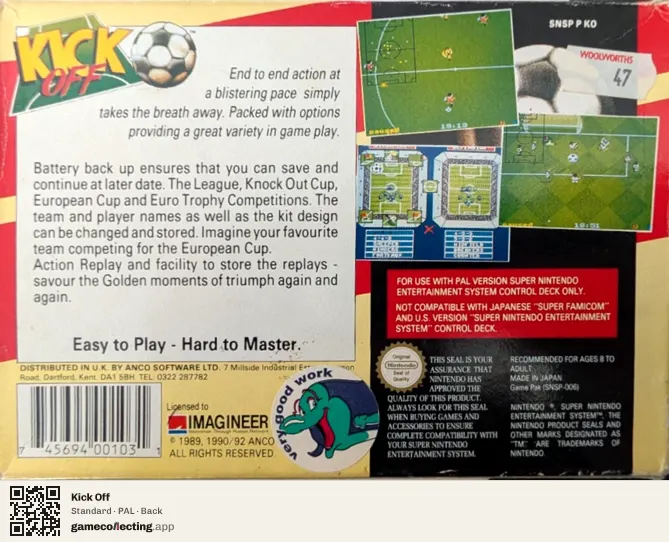 Kick Off Super Nintendo Entertainment System, PAL box back