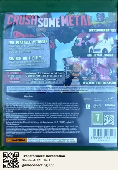 Transformers: Devastation Xbox One, PAL box back