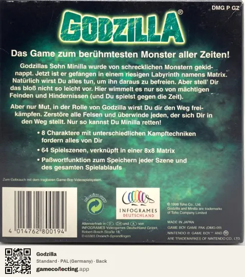 Godzilla Game Boy, Germany box back