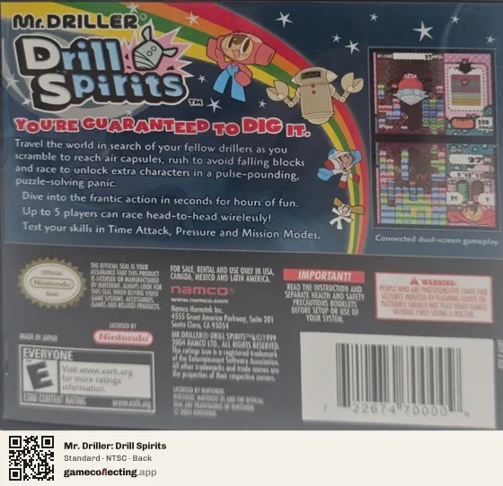 Mr. Driller: Drill Spirits Nintendo DS, NTSC box back