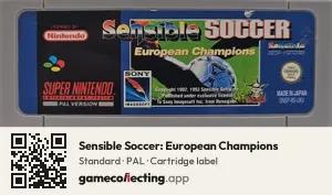 Sensible Soccer: European Champions Super Nintendo Entertainment System, PAL cartridge label