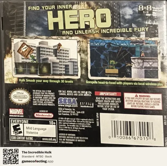The Incredible Hulk Nintendo DS, NTSC box back