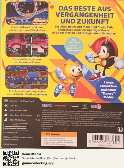 Sonic Mania Xbox One, Germany box back