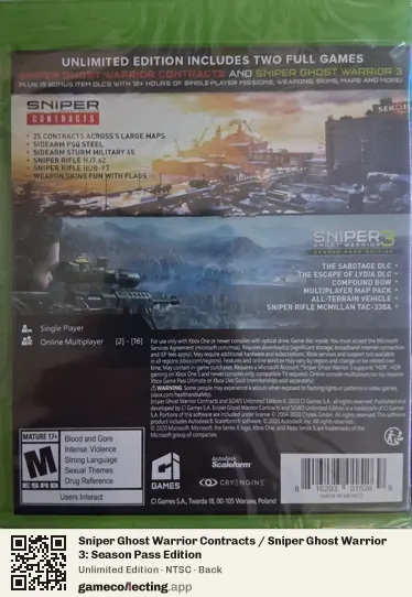 Sniper Ghost Warrior Contracts / Sniper Ghost Warrior 3: Season Pass Edition Xbox One, NTSC box back
