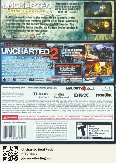 Uncharted Dual Pack PlayStation 3, NTSC box back