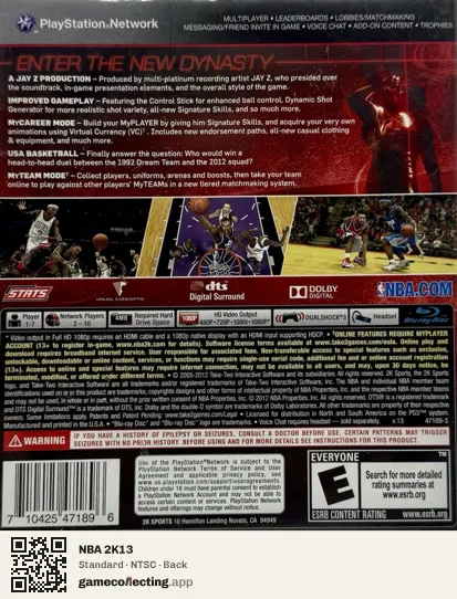NBA 2K13 PlayStation 3, NTSC box back