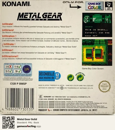 Metal Gear Solid Game Boy Color, PAL box back