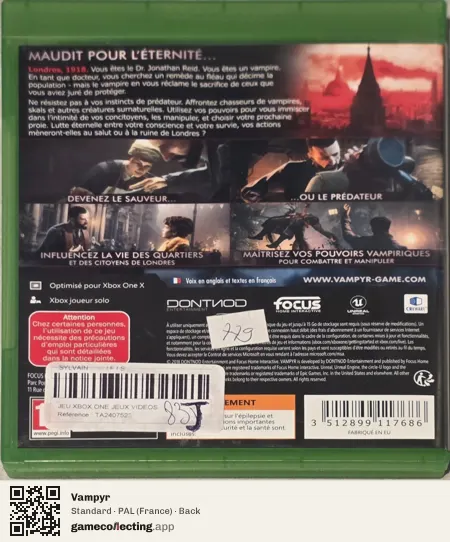 Vampyr Xbox One, France box back