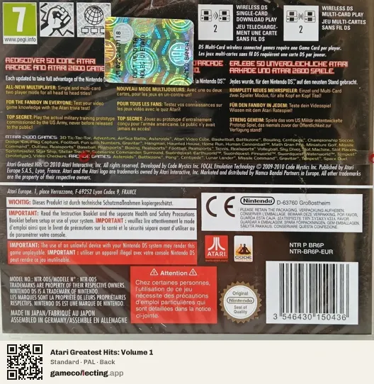 Atari Greatest Hits: Volume 1 Nintendo DS, PAL box back