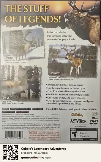 Cabela's Legendary Adventures PlayStation 2, NTSC box back