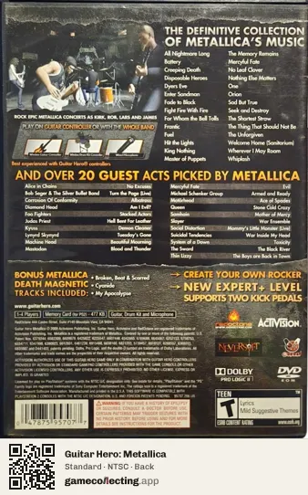 Guitar Hero: Metallica PlayStation 2, NTSC box back