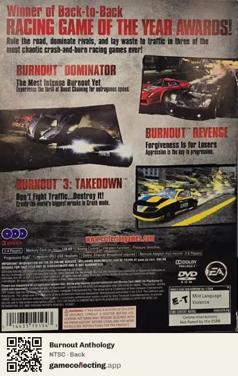 Burnout Anthology PlayStation 2, NTSC box back