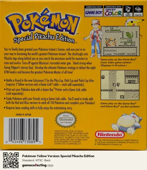 Pokémon Yellow Version: Special Pikachu Edition Game Boy, NTSC box back
