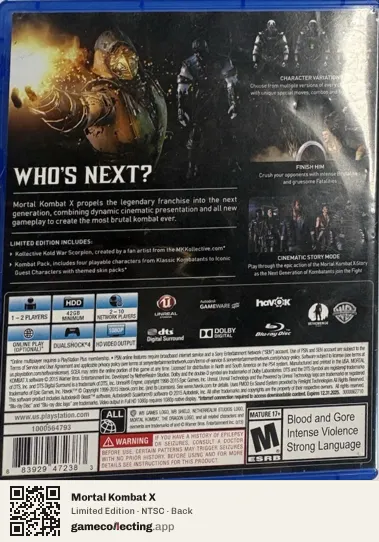 Mortal Kombat X PlayStation 4, NTSC box back