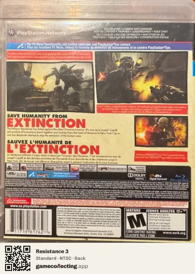 Resistance 3 PlayStation 3, NTSC box back