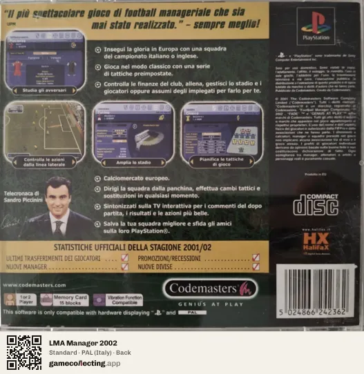 LMA Manager 2002 PlayStation, Italy box back