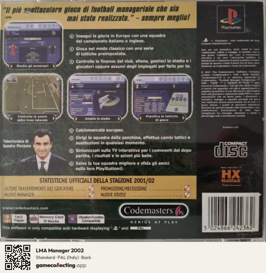 LMA Manager 2002 PlayStation, Italy box back