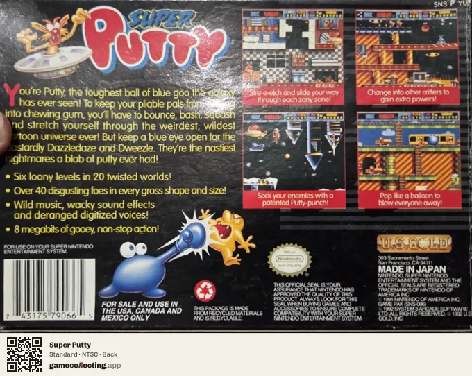 Super Putty Super Nintendo Entertainment System, NTSC box back