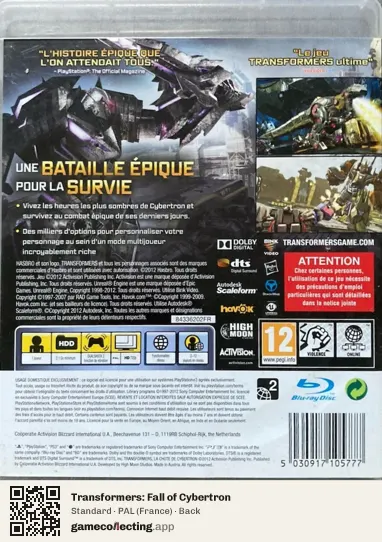 Transformers: Fall of Cybertron PlayStation 3, France box back