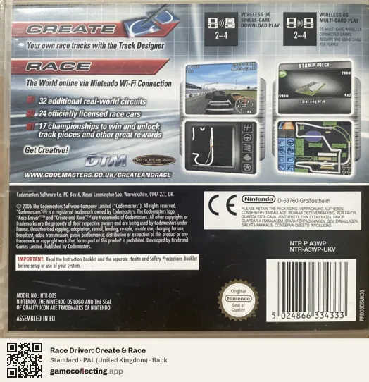 Race Driver: Create & Race Nintendo DS, United Kingdom box back