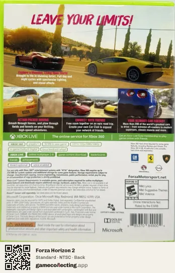 Forza Horizon 2 Xbox 360, NTSC box back