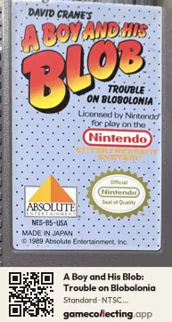 A Boy and His Blob: Trouble on Blobolonia Nintendo Entertainment System, NTSC cartridge label