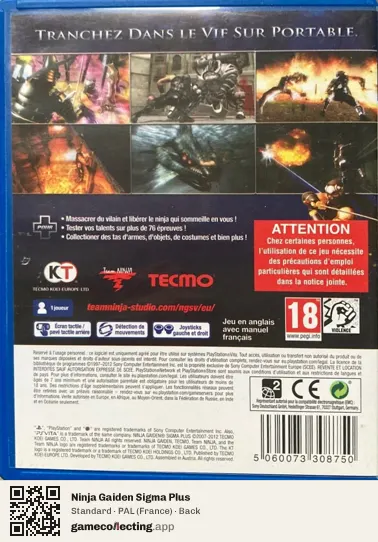 Ninja Gaiden Sigma Plus PlayStation Vita, France box back