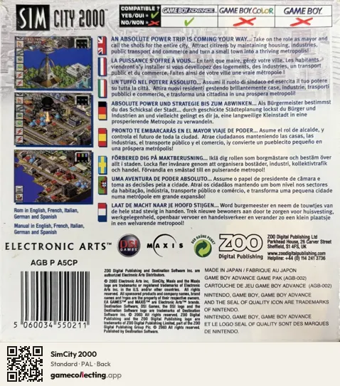 SimCity 2000 Game Boy Advance, PAL box back