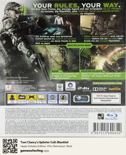 Tom Clancy's Splinter Cell: Blacklist PlayStation 3, Germany box back