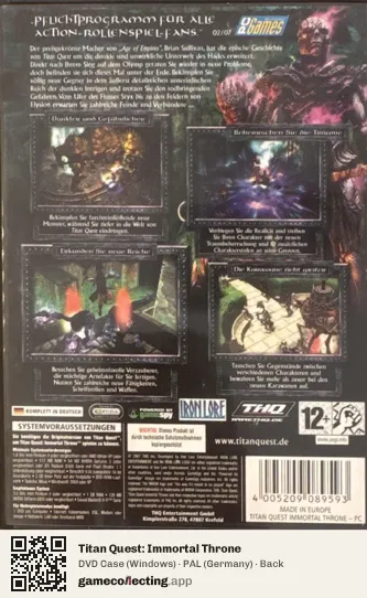 Titan Quest: Immortal Throne Computer, Germany box back