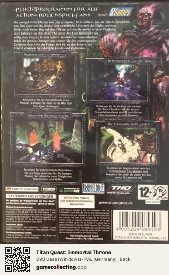 Titan Quest: Immortal Throne Computer, Germany box back