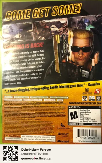 Duke Nukem Forever Xbox 360, NTSC box back
