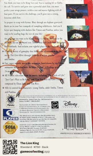 The Lion King Sega Mega Drive / Genesis, NTSC box back