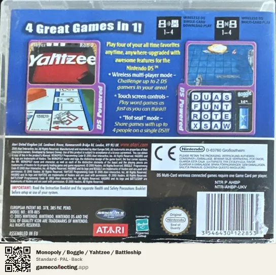 Monopoly / Boggle / Yahtzee / Battleship Nintendo DS, PAL box back