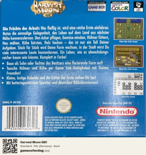 Harvest Moon GBC Game Boy Color, Germany box back
