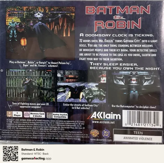 Batman & Robin PlayStation, NTSC box back