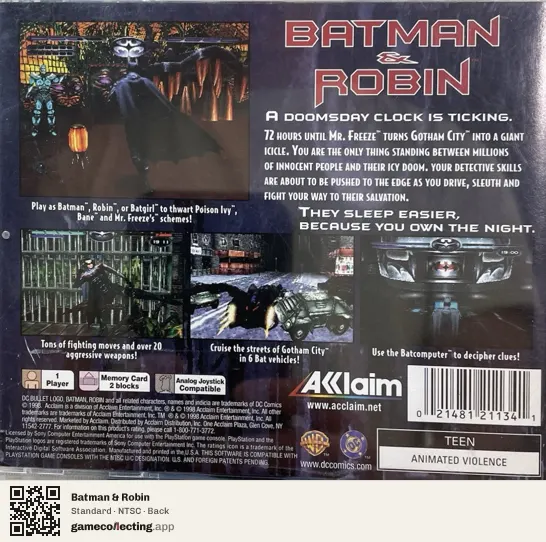 Batman & Robin PlayStation, NTSC box back