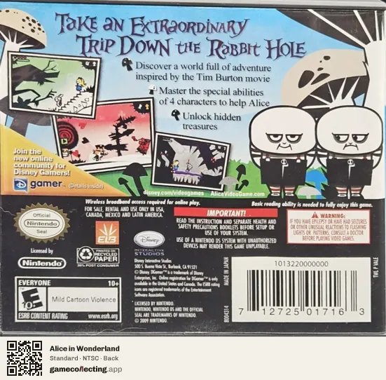Alice in Wonderland Nintendo DS, NTSC box back
