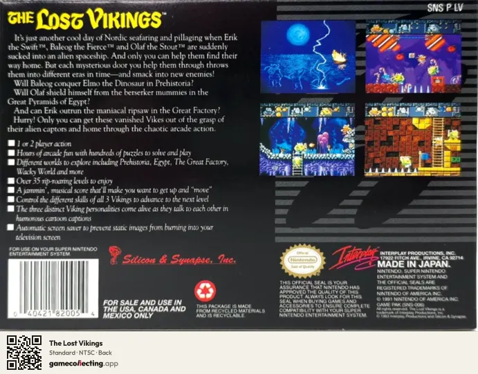 The Lost Vikings Super Nintendo Entertainment System, NTSC box back