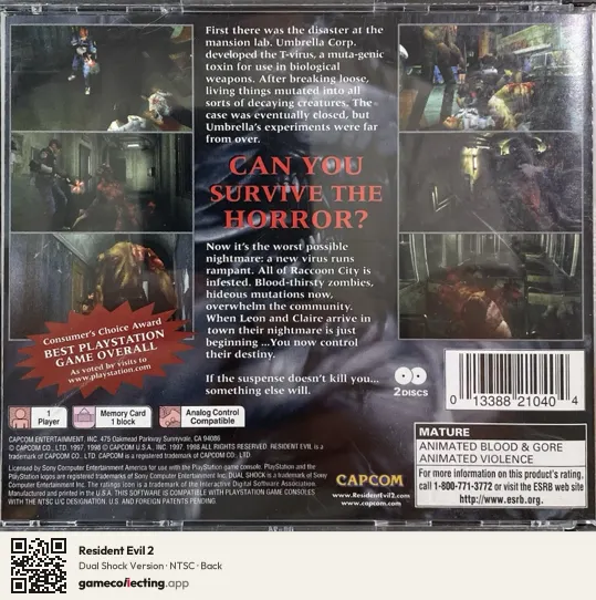 Resident Evil 2 PlayStation, NTSC box back