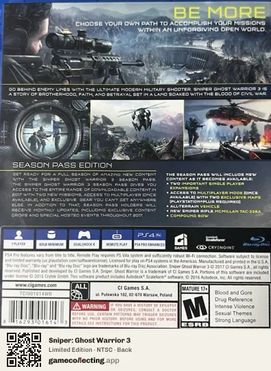 Sniper: Ghost Warrior 3 PlayStation 4, NTSC box back